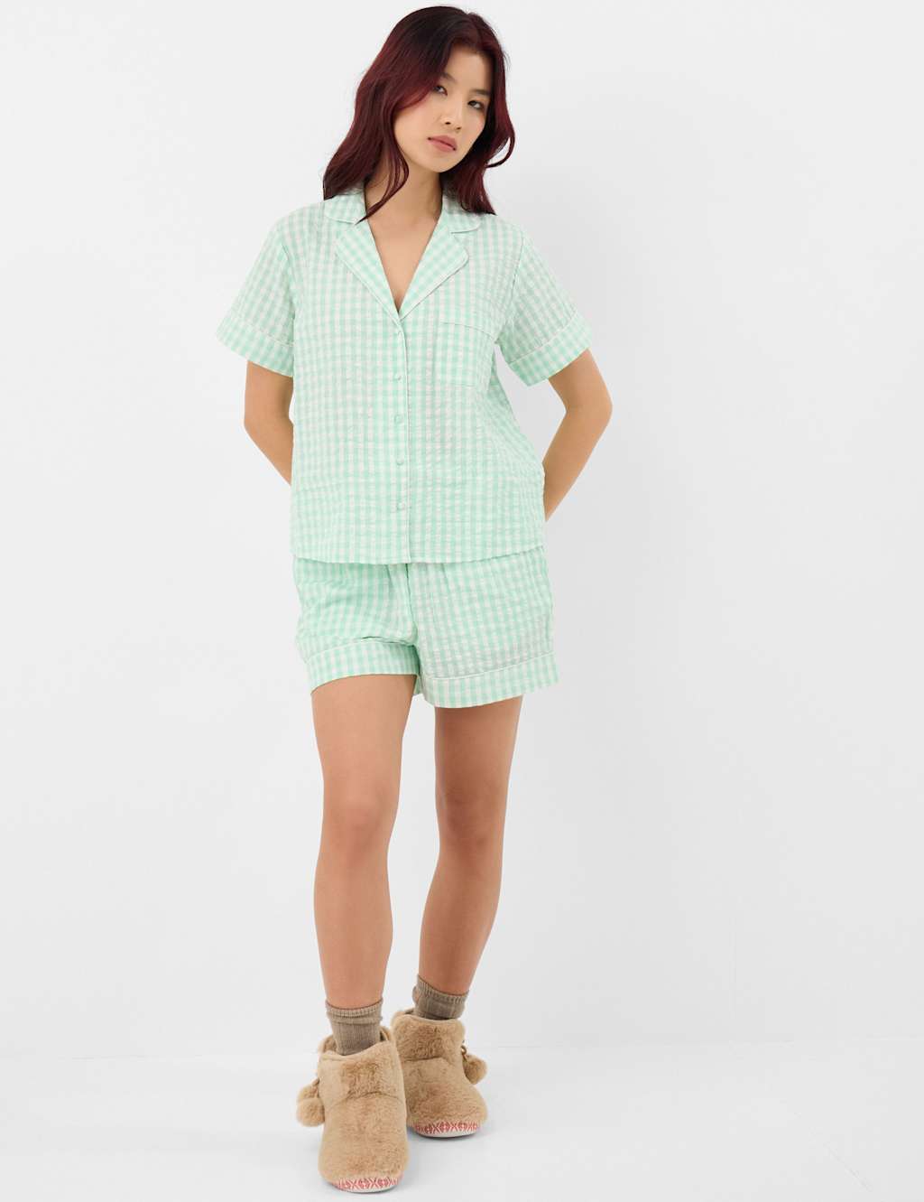 Accessorize Women's Pure Cotton Gingham Shortie Set - Small - Green - Available at M&S