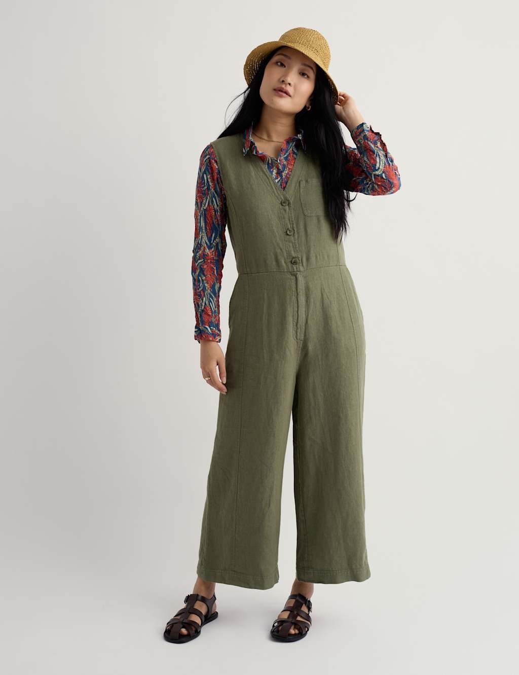 Seasalt Cornwall Women's Pure Linen Wide Leg Jumpsuit - 14 - Olive - Available at M&S