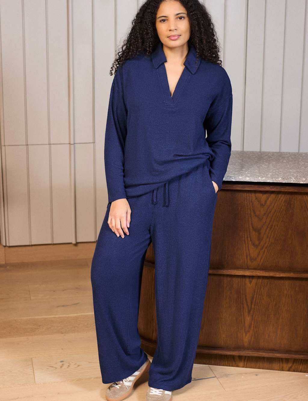 Live Unlimited London Women's Supersoft Ribbed Drawstring Wide Leg Joggers - 18 - Navy - Available at M&S