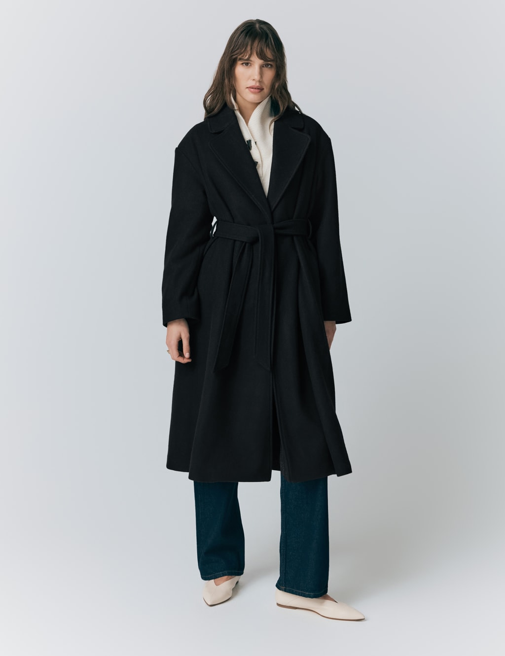 Wool Rich Belted Notch Neck Wrap Coat