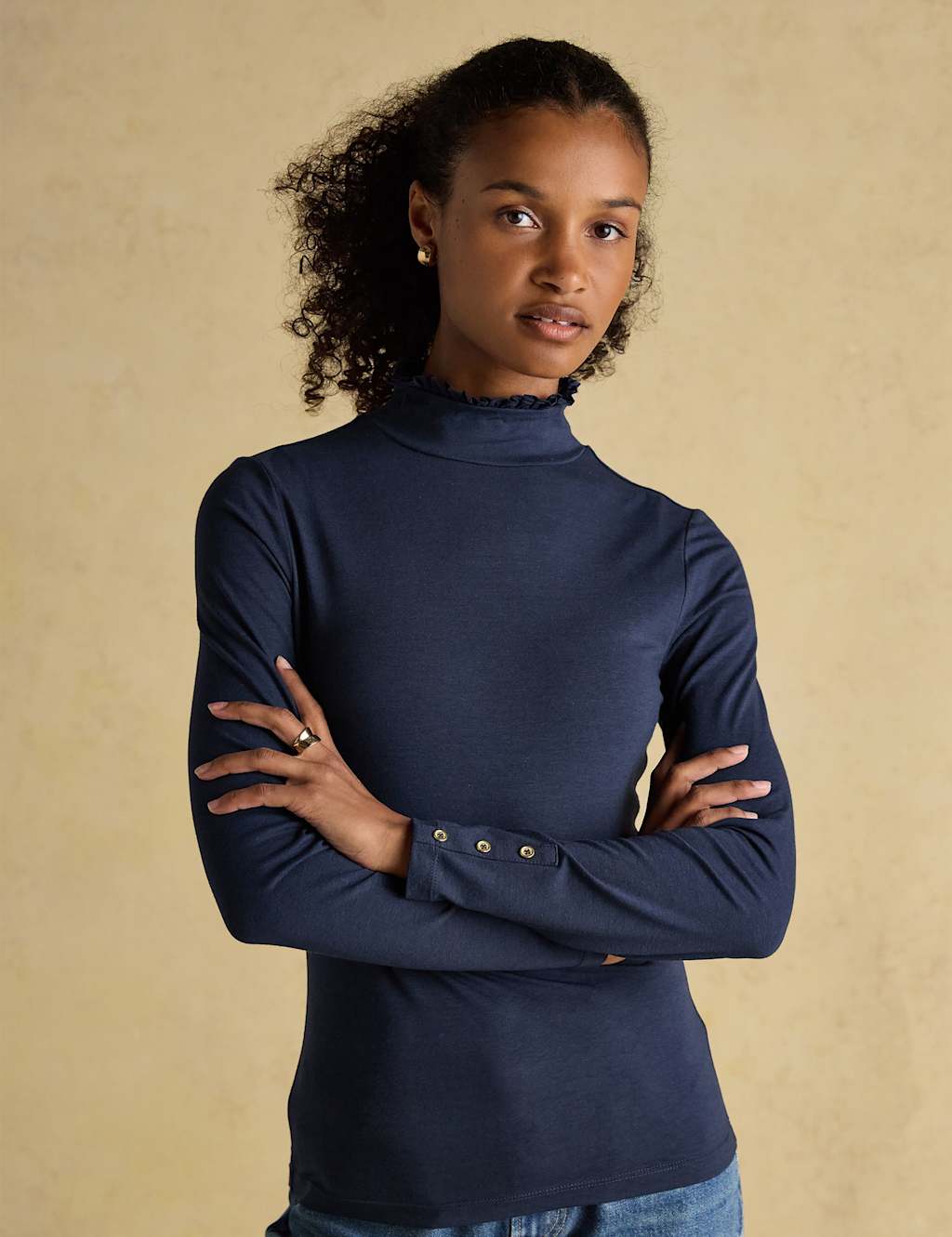 Joules Frill Neck Button Detail Top Navy