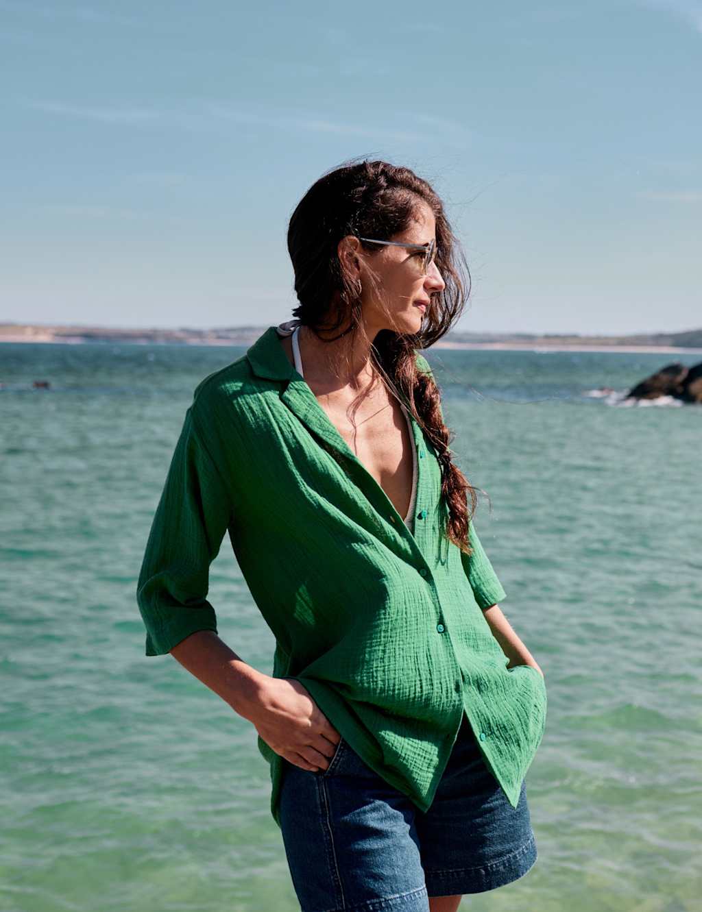 Seasalt Cornwall Pure Cotton Textured Collared Relaxed Shirt Green