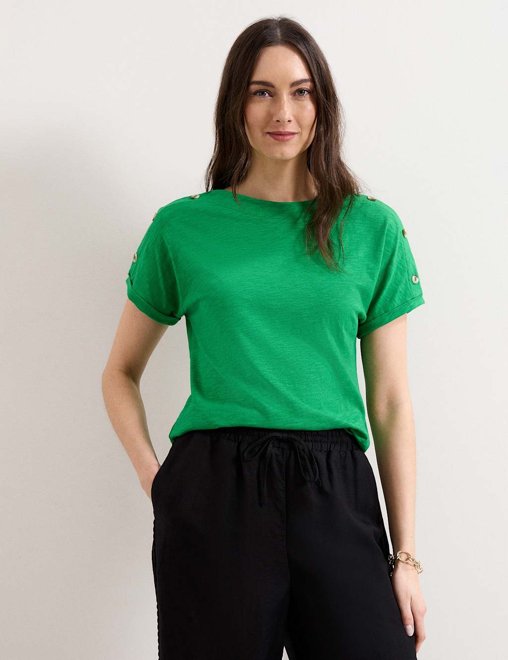 Phase Eight Women's Pure Cotton Slash Neck Button Detail T-Shirt - 12 - Green - Available at M&S