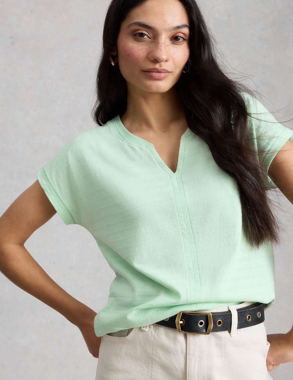 White Stuff Women's Pure Cotton Textured Notch Neck T-Shirt - 8 - Green - Available at M&S