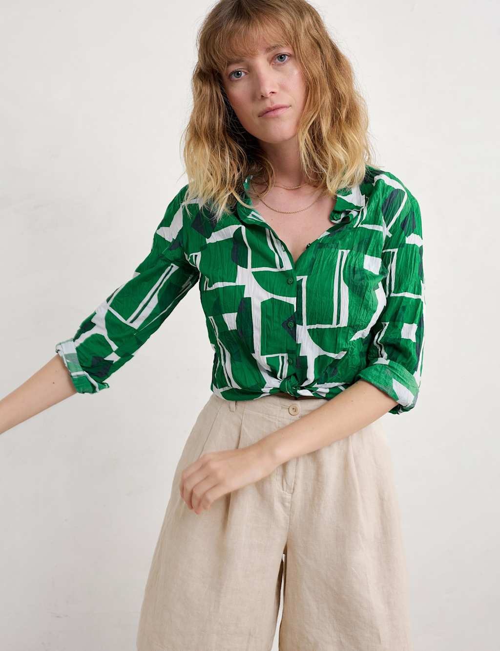 Seasalt Cornwall Pure Cotton Geometric Collared Shirt Green Mix