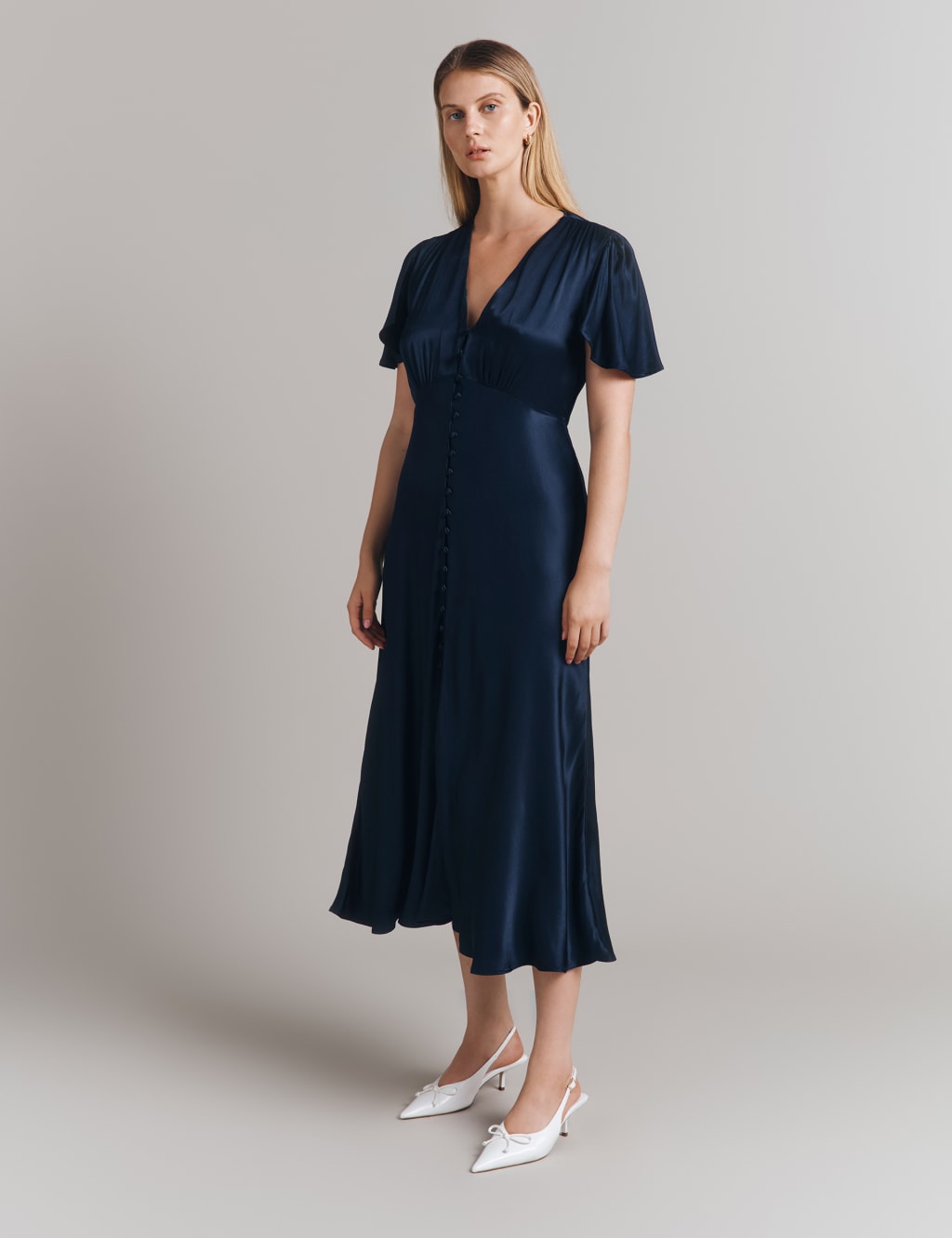 Satin V-Neck Midi Skater Dress