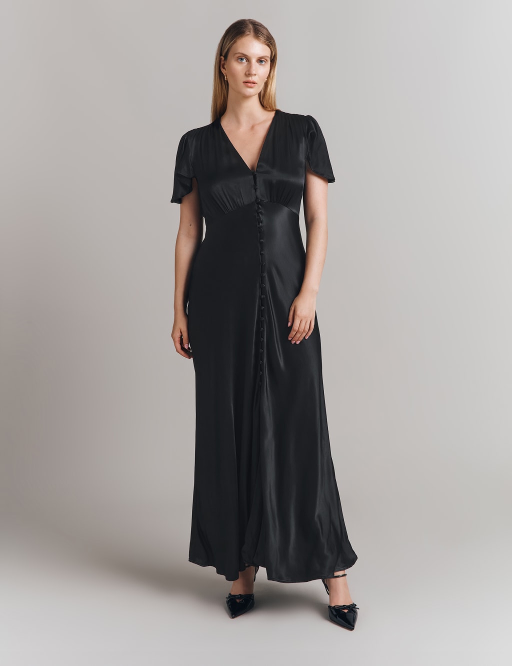 Satin V-Neck Midi Skater Dress