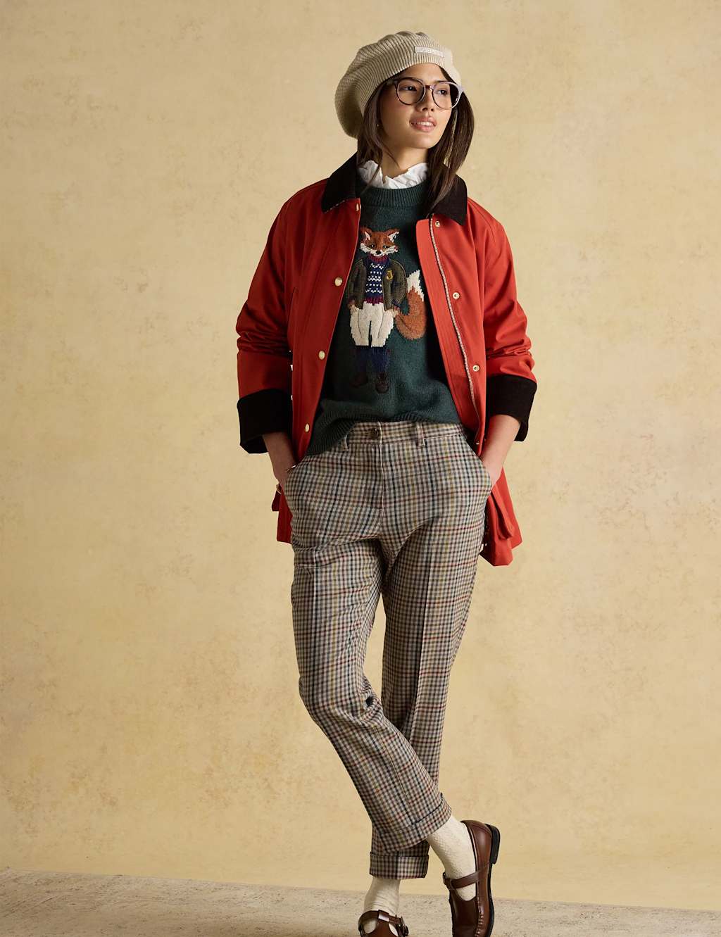 Joules Checked Straight Leg Trousers Brown Mix