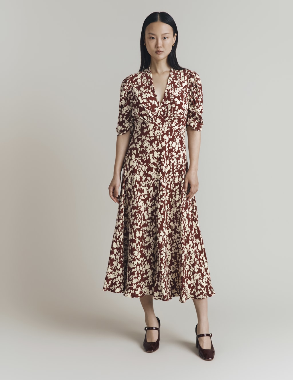 Crepe Floral V-Neck Midi Tea Dress