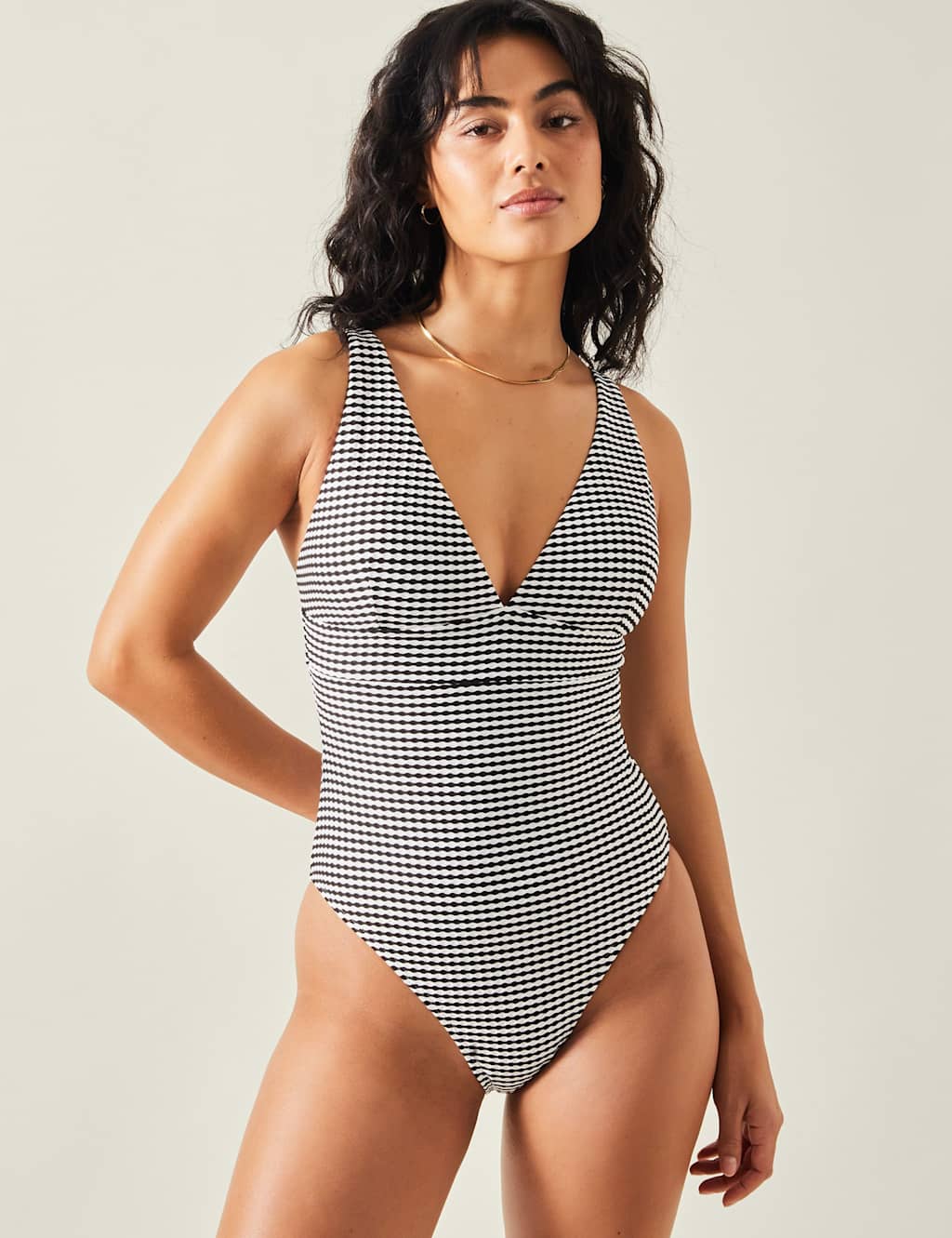 Seersucker Monochrome Striped Plunge Swimsuit