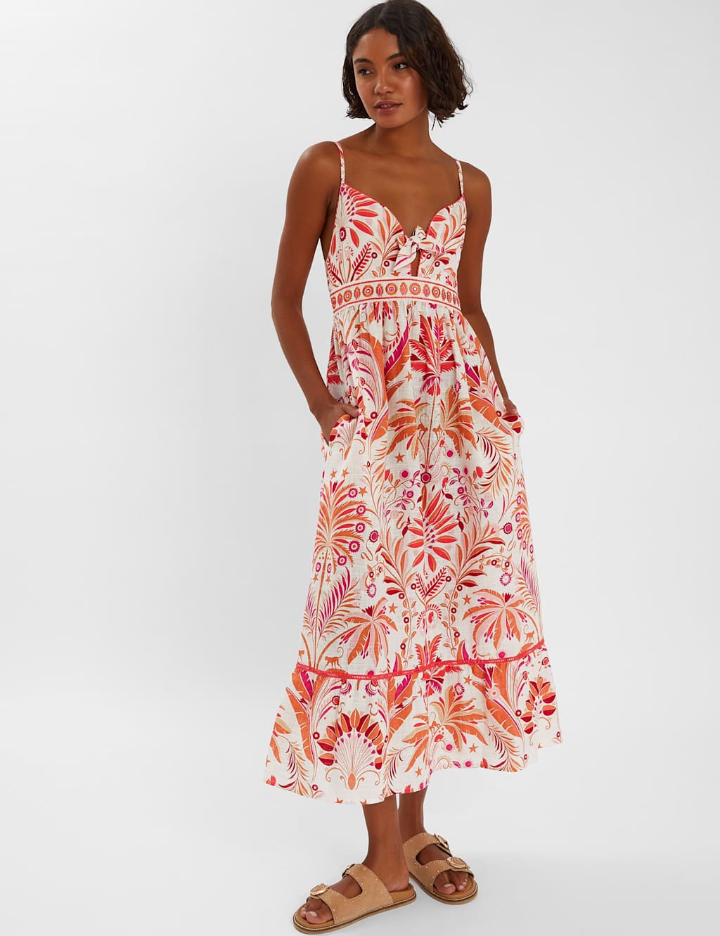 Pure Cotton Floral Tie Front Midi Slip Dress