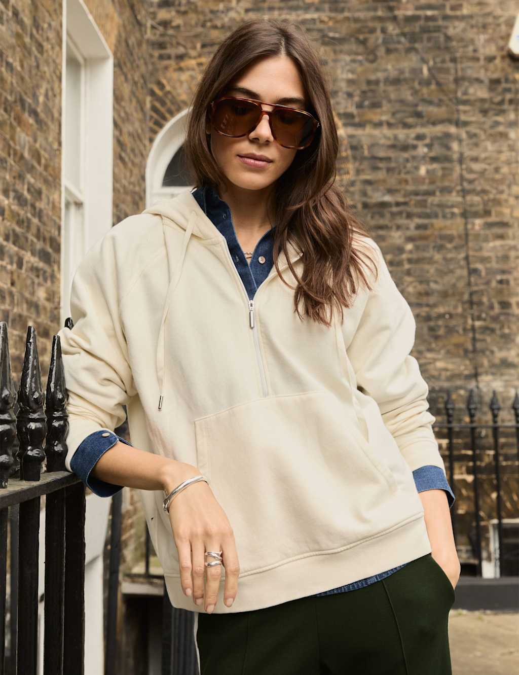 BAUKJEN Cotton Rich Half Zip Hoodie Light Cream