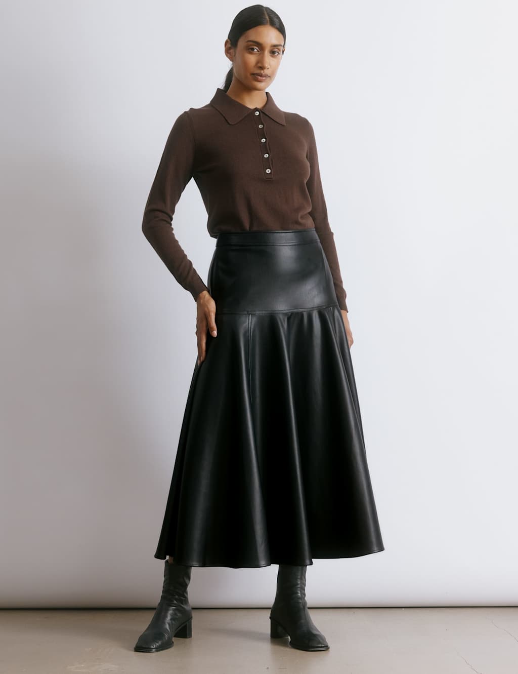 Albaray Faux Leather Drop Waist Midi A-Line Skirt Black