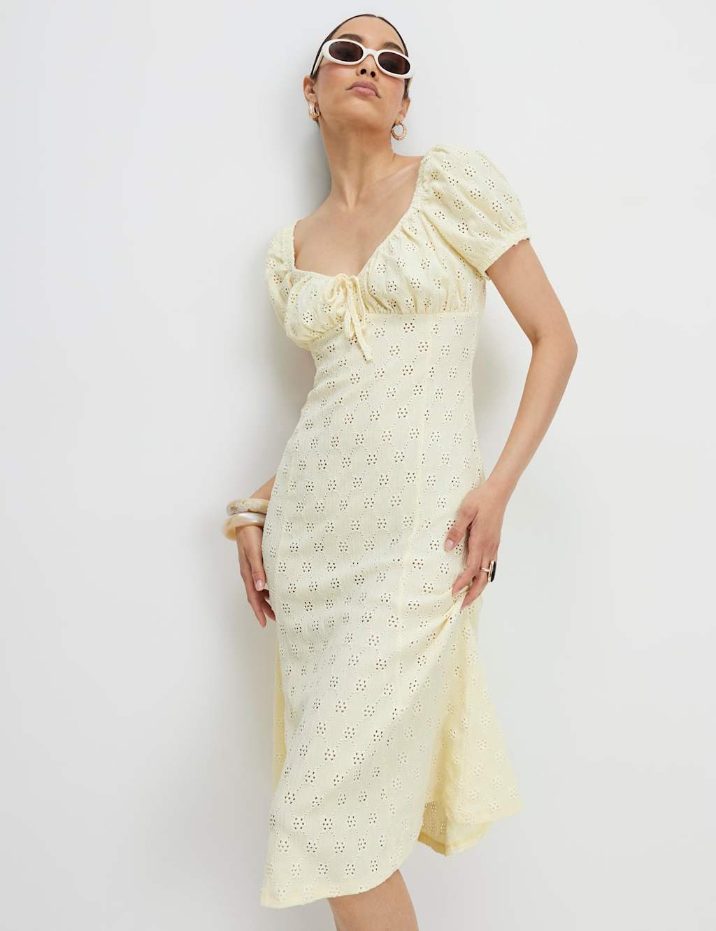 River Island Women's Jersey Broderie Midi Waisted Dress - Large - Yellow - Available at M&S