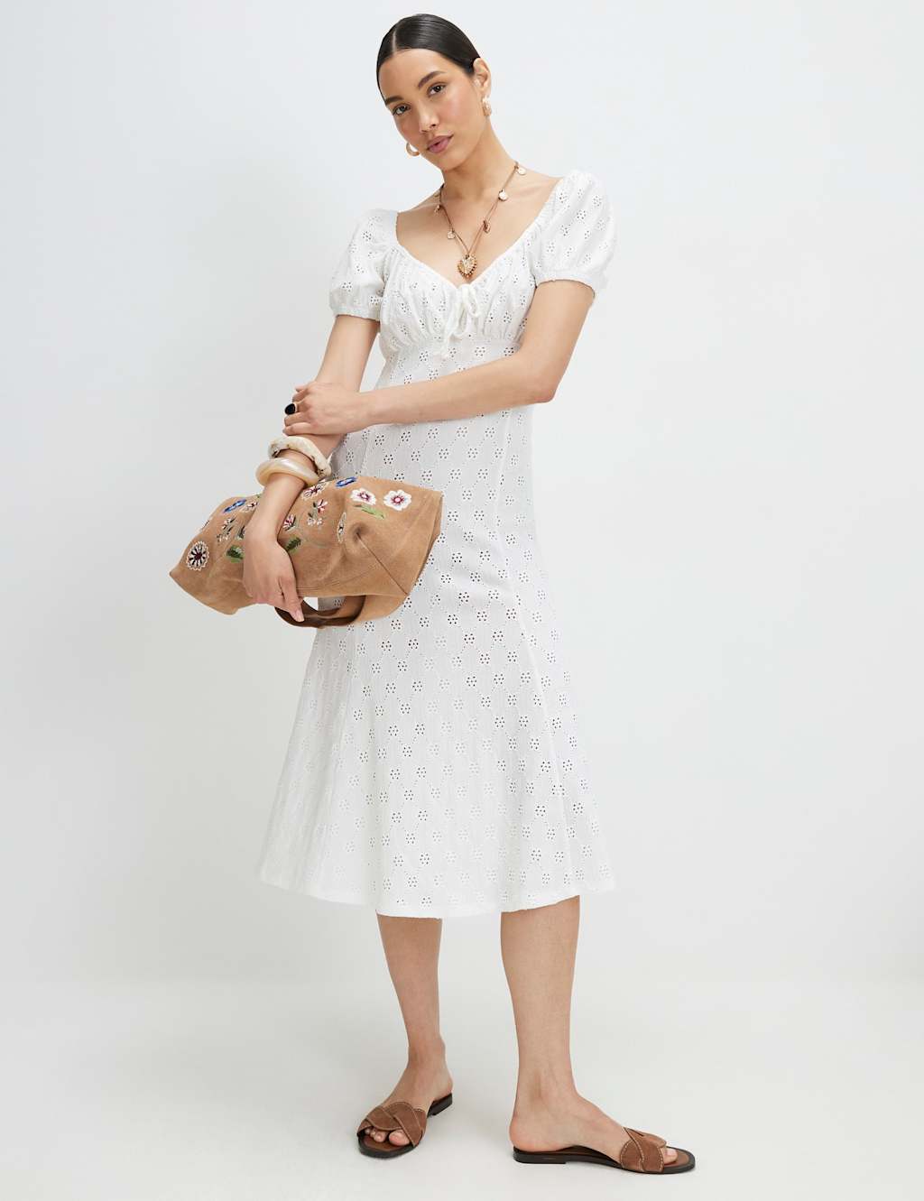 River Island Women's Jersey Broderie Midi Waisted Dress - Medium - White - Available at M&S