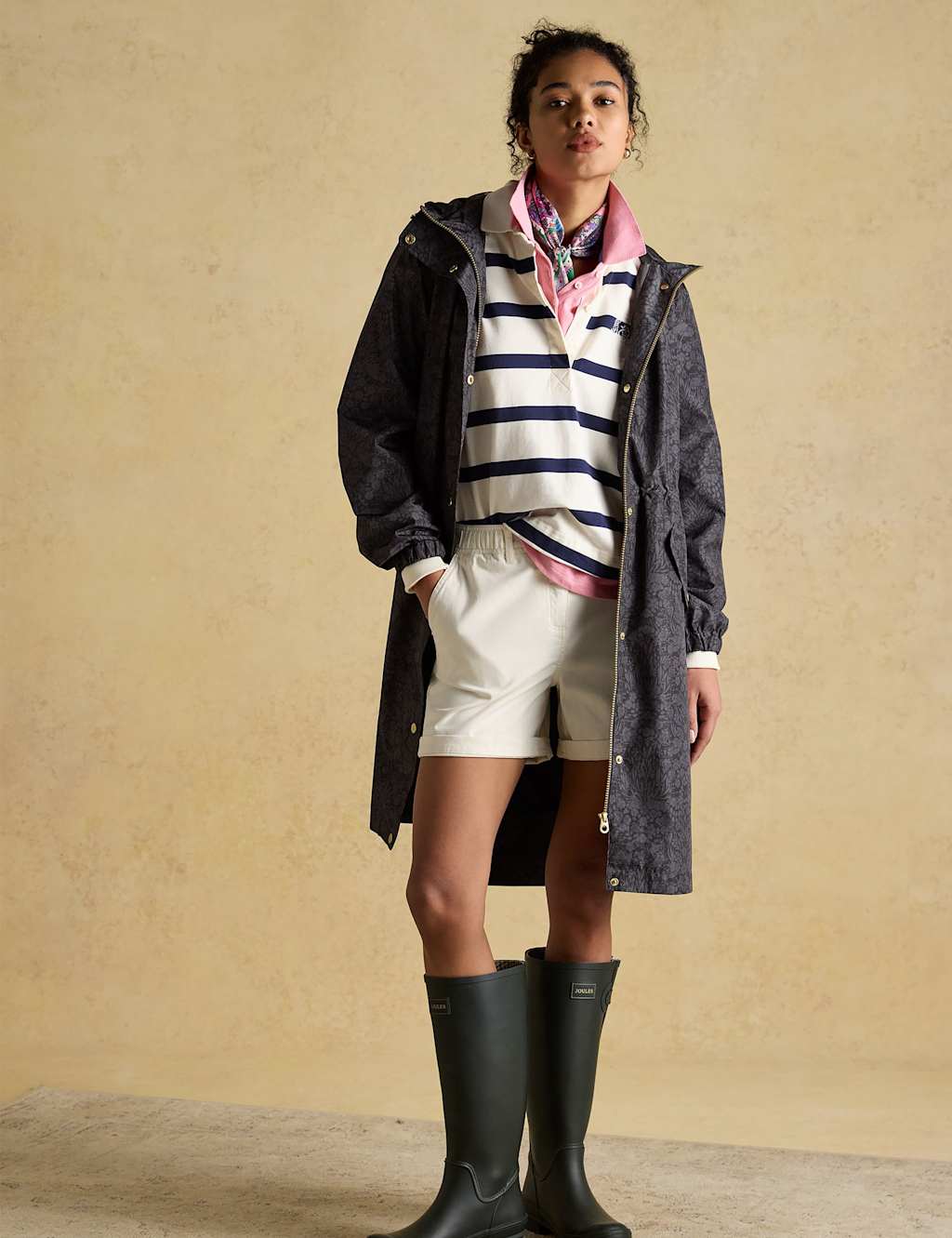 Joules Waterproof Floral Hooded Longline Raincoat Black Mix