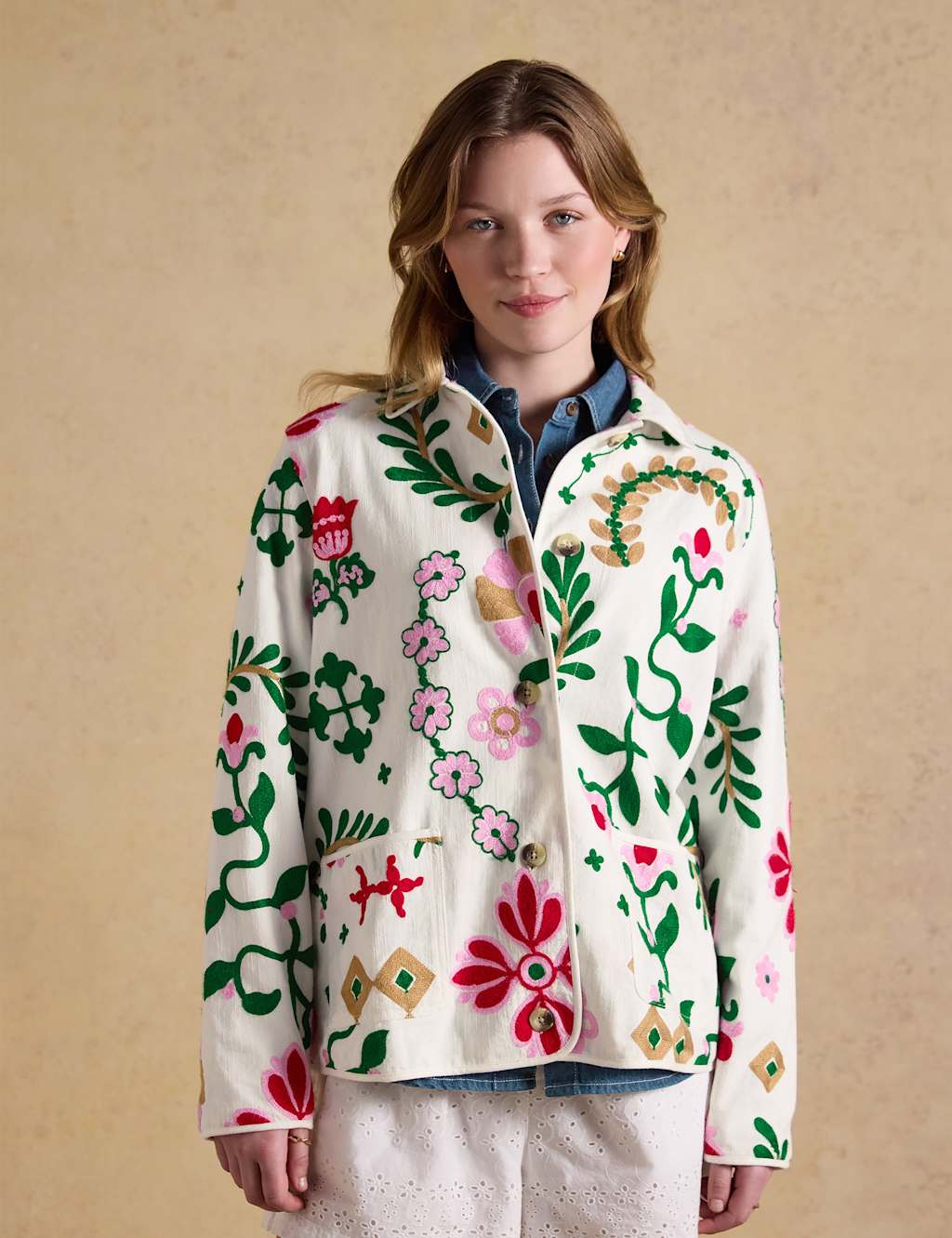 Joules Women's Pure Cotton Embroidered Collared Jacket - 10 - Cream Mix - Available at M&S