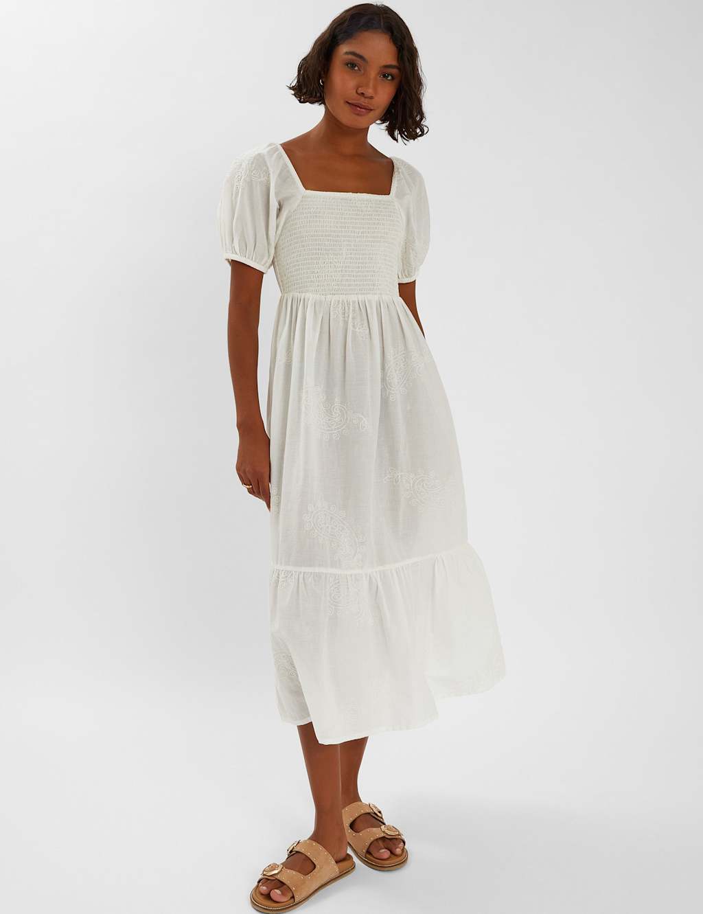 Pure Cotton Embroidered Midi Tiered Dress