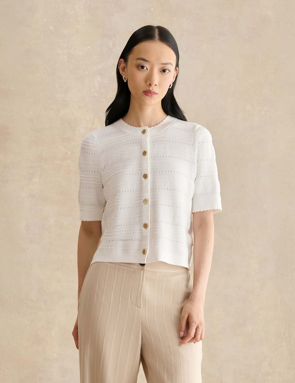 Hobbs Women's Patterned Pointelle Short Sleeve Cardigan - Small - Cream - Available at M&S