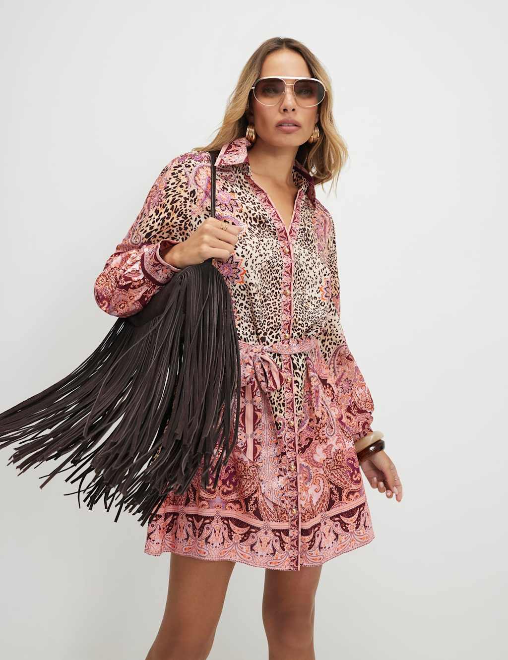 River Island Women's Pure Cotton Printed Belted Mini Shirt Dress - Extra Small - Brown Mix - Available at M&S