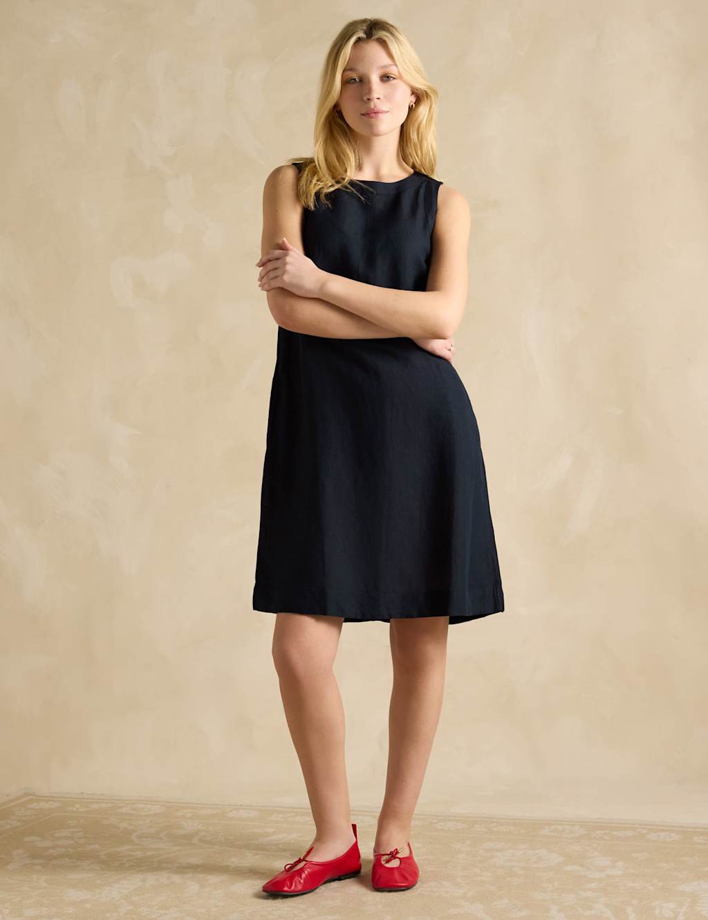 Linen Blend Round Neck Shift Dress