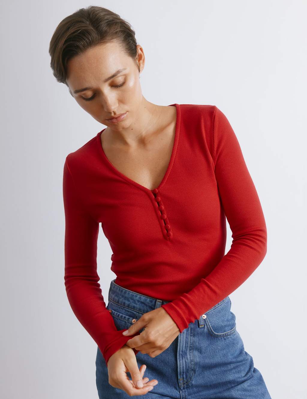 Albaray Cotton Rich Ribbed Button Detail Top Red