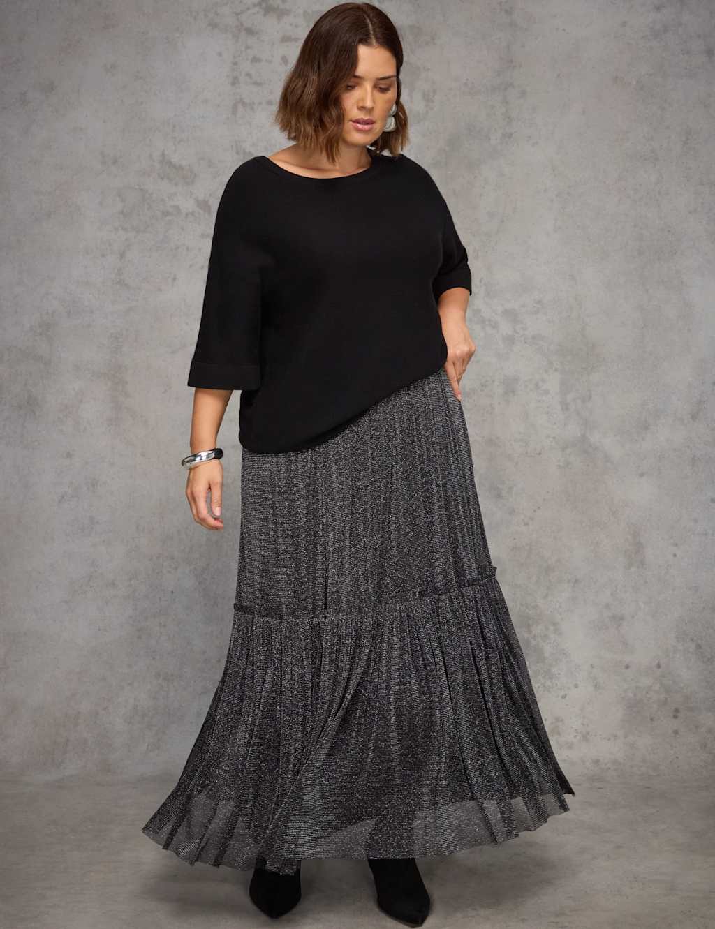 Live Unlimited London Sparkly Maxi Tiered Skirt Black