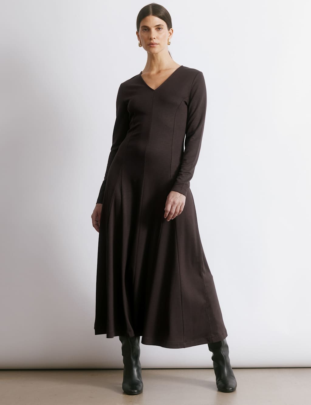 Albaray V-Neck Midi Skater Dress Brown