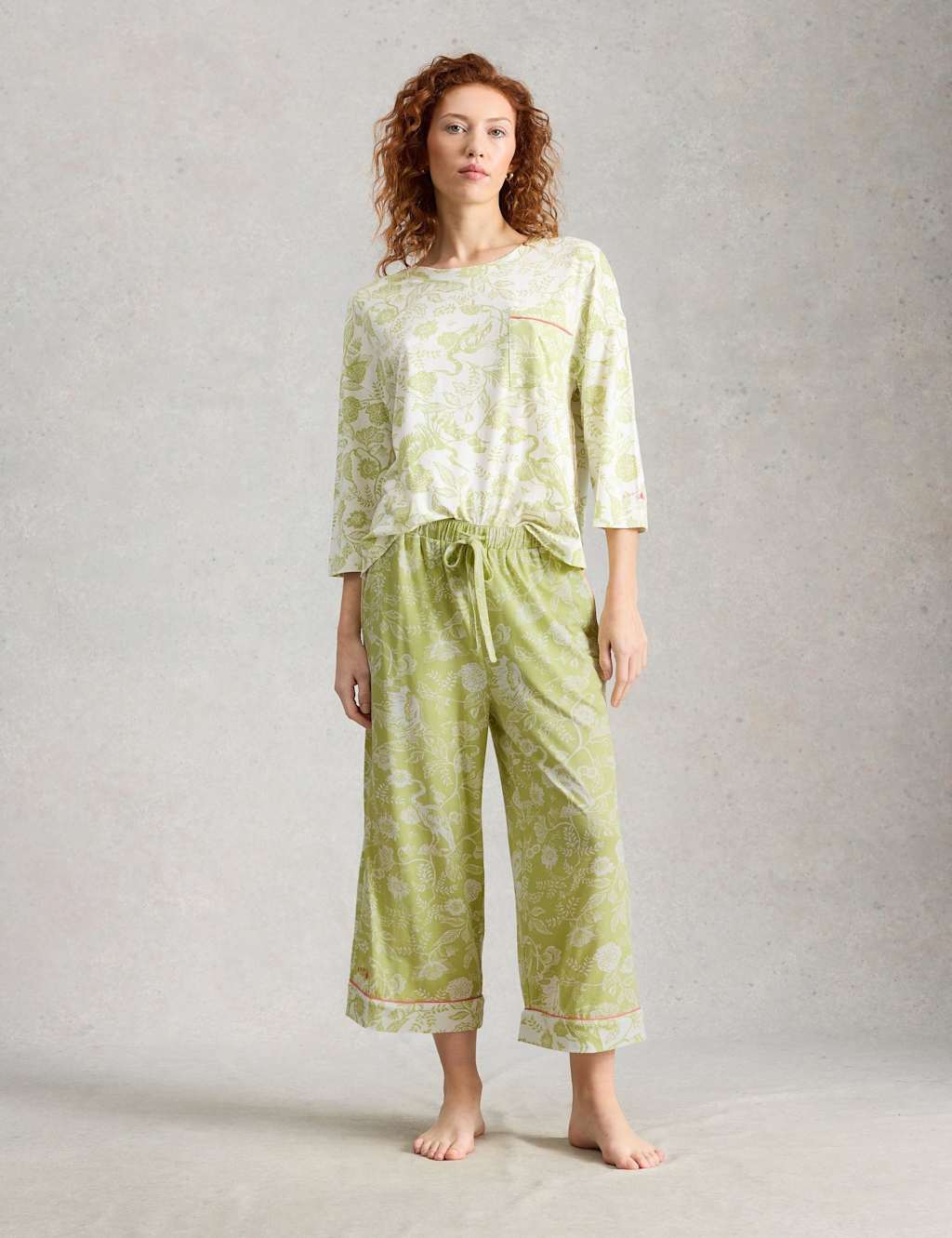 White Stuff Women's Cotton Modal Floral Cropped Pyjama Bottoms - Medium - Green Mix - Available at M&S