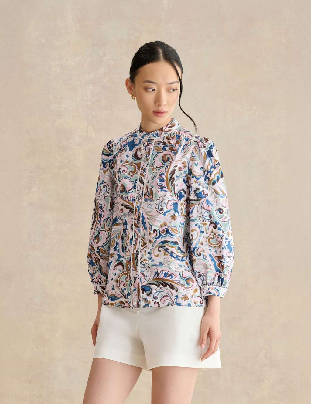 Hobbs Women's Pure Cotton Paisley High Neck Blouse - 14 - White Mix - Available at M&S