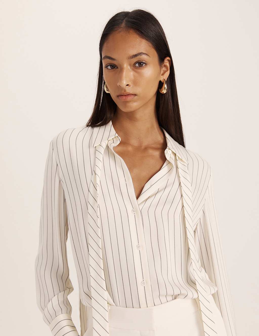 Saba Women's Pure Silk Neck Tie Button Front Shirt - 12 - Cream - Available at M&S