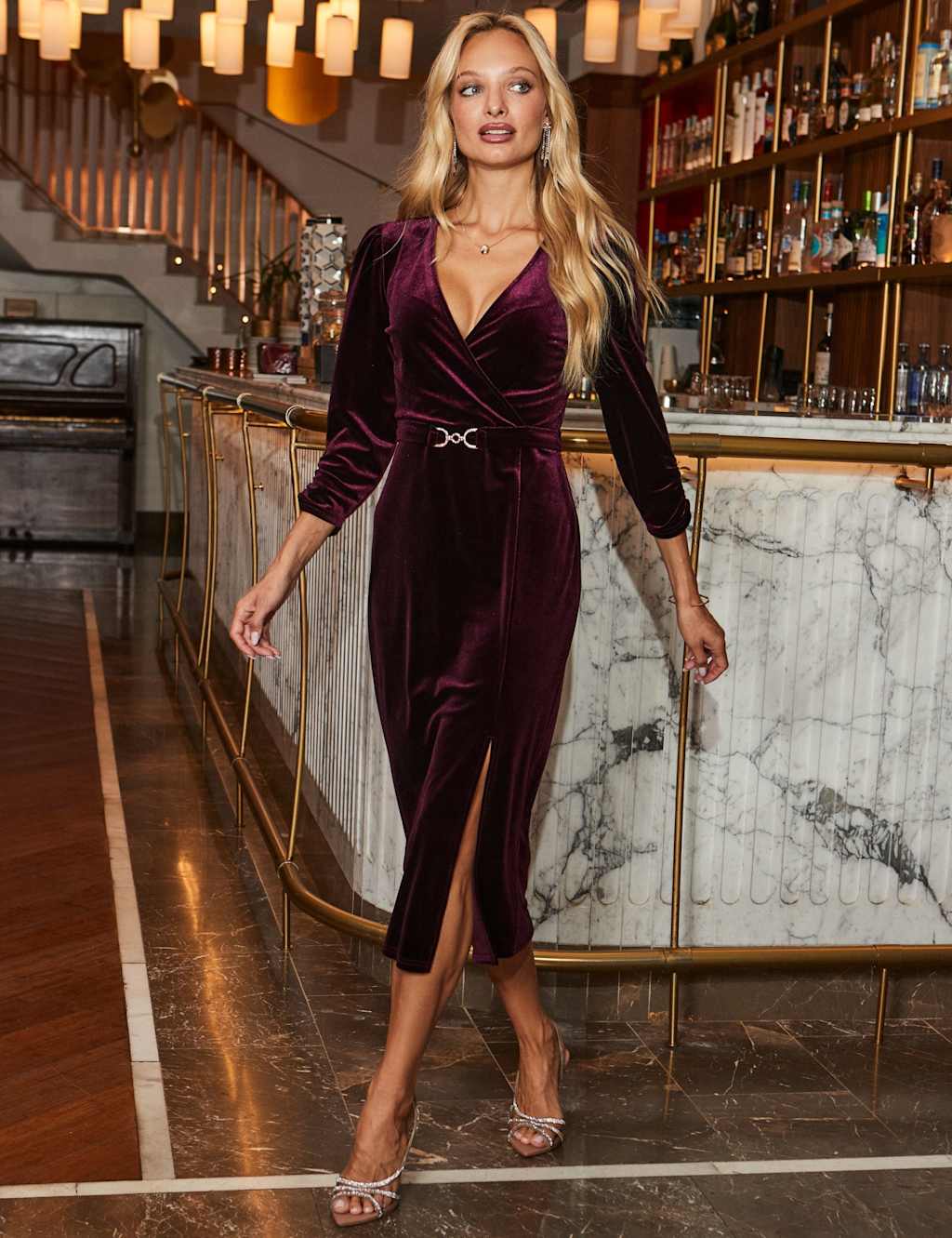 SOSANDAR Velvet V-Neck Midi Wrap Dress Burgundy