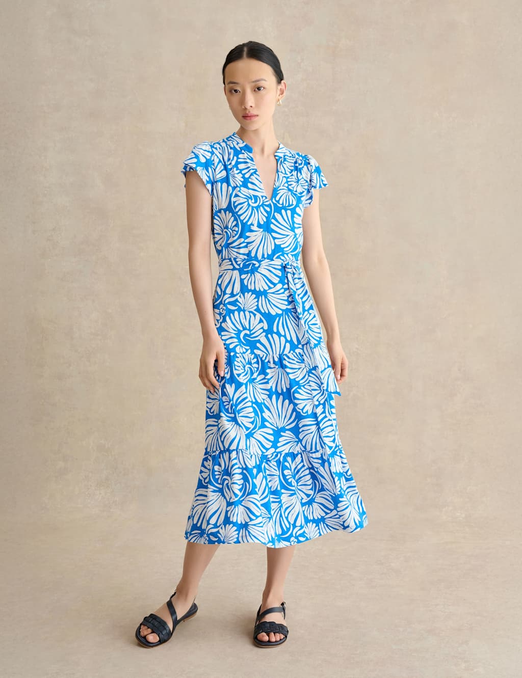 Hobbs Women's Jersey Printed V-Neck Midi Tiered Dress - 8 - Blue Mix - Available at M&S