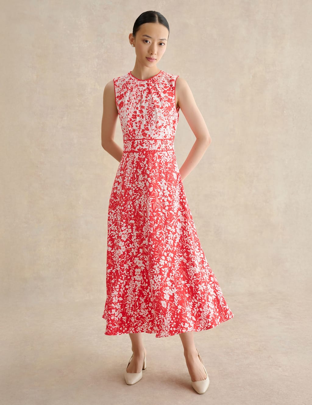 Hobbs Women's Floral Tie Waist Midi Waisted Dress - 10 - Red Mix - Available at M&S