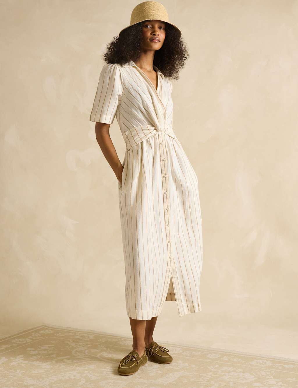 Linen Rich Striped V-Neck Twist Front Midaxi Shirt Dress