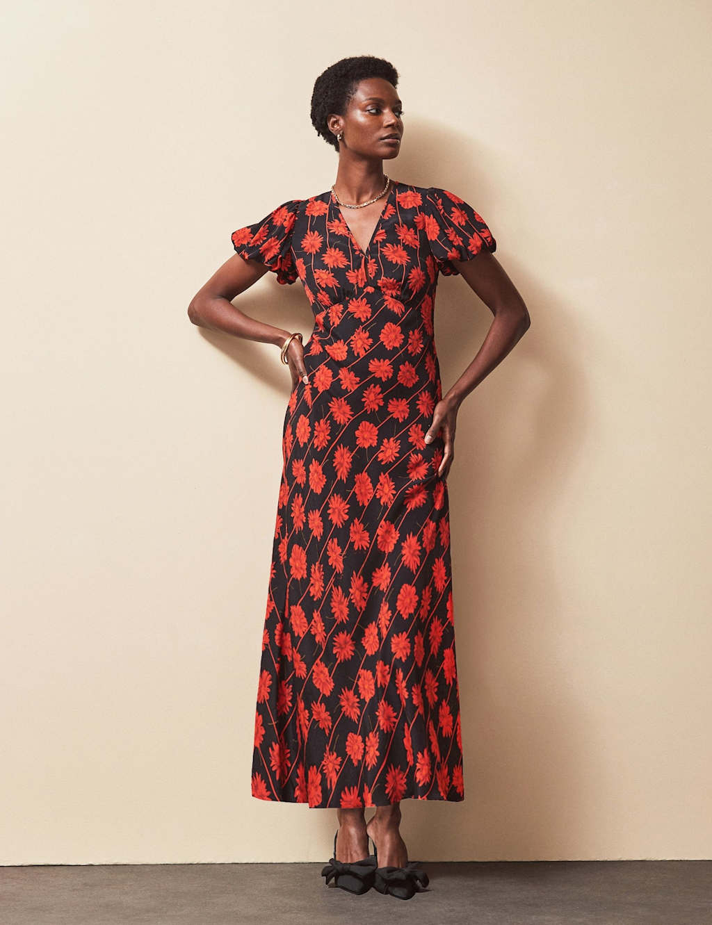 RO&ZO Floral Midi Waisted Dress Red Mix