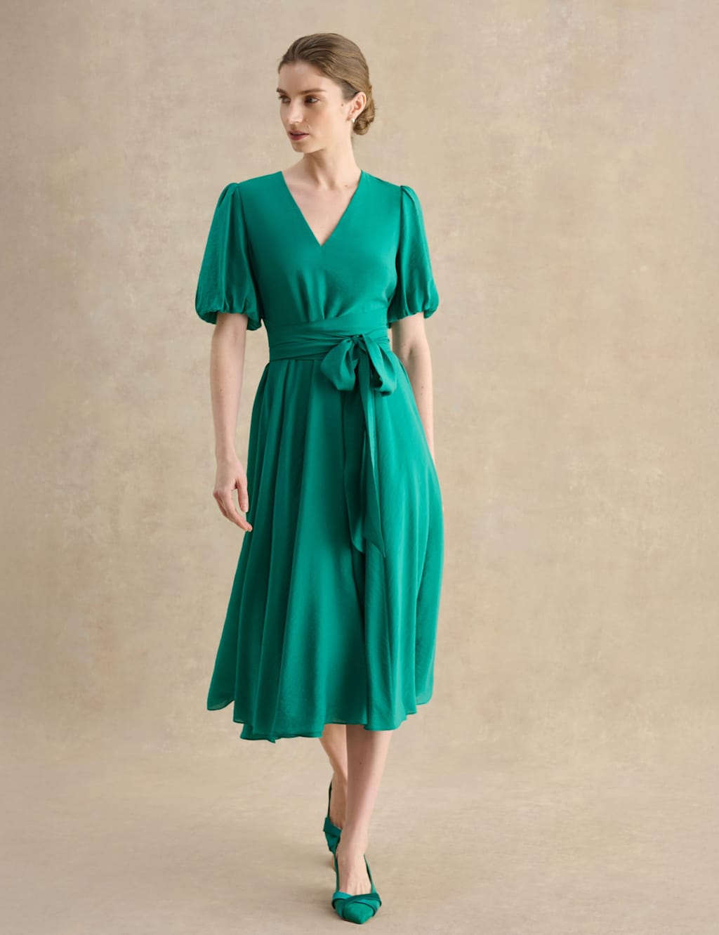 Hobbs Women's Lyocell Rich V-Neck Midi Skater Dress - 12 - Green - Available at M&S