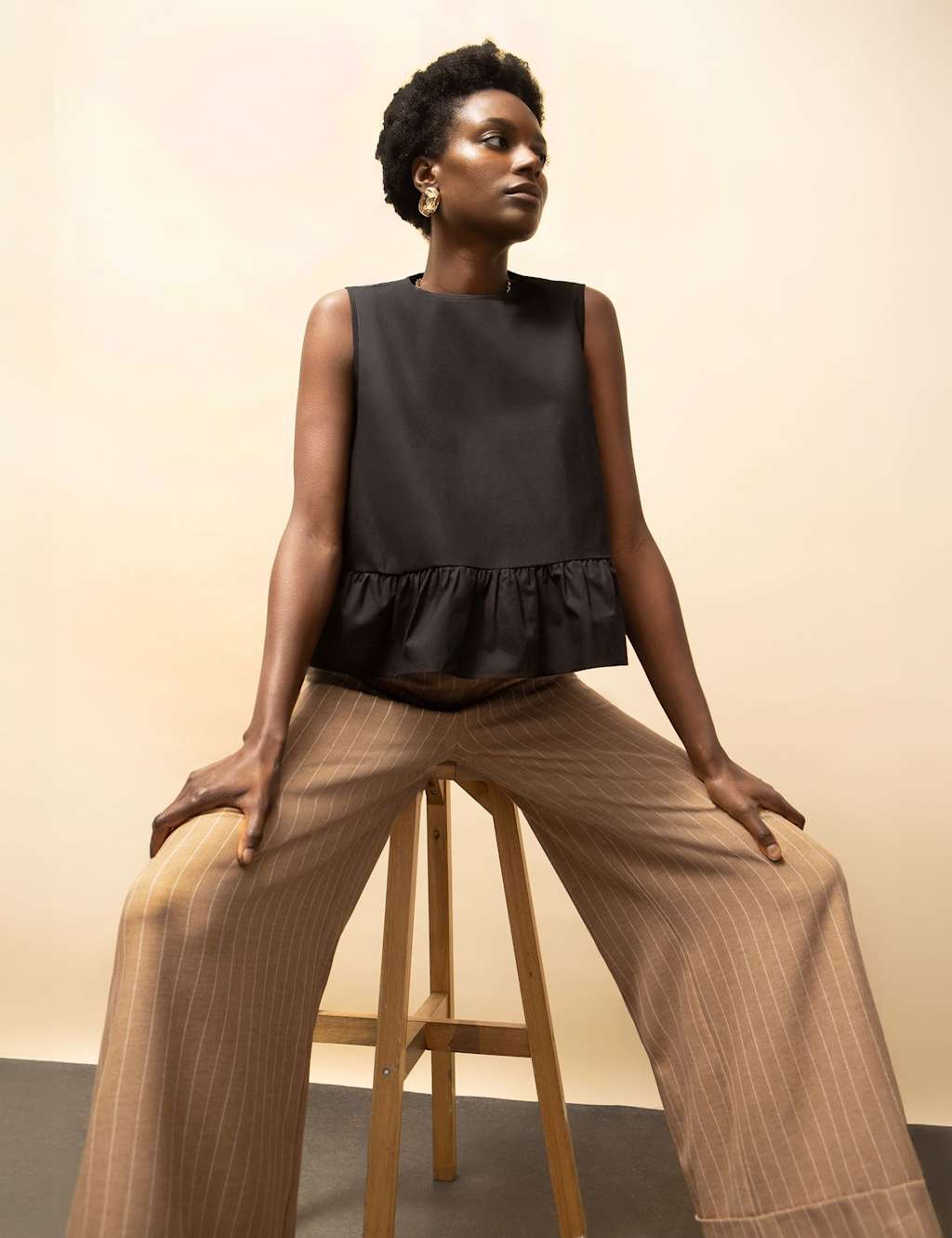 RO&ZO Pinstripe Cuffed Wide Leg Trousers Brown