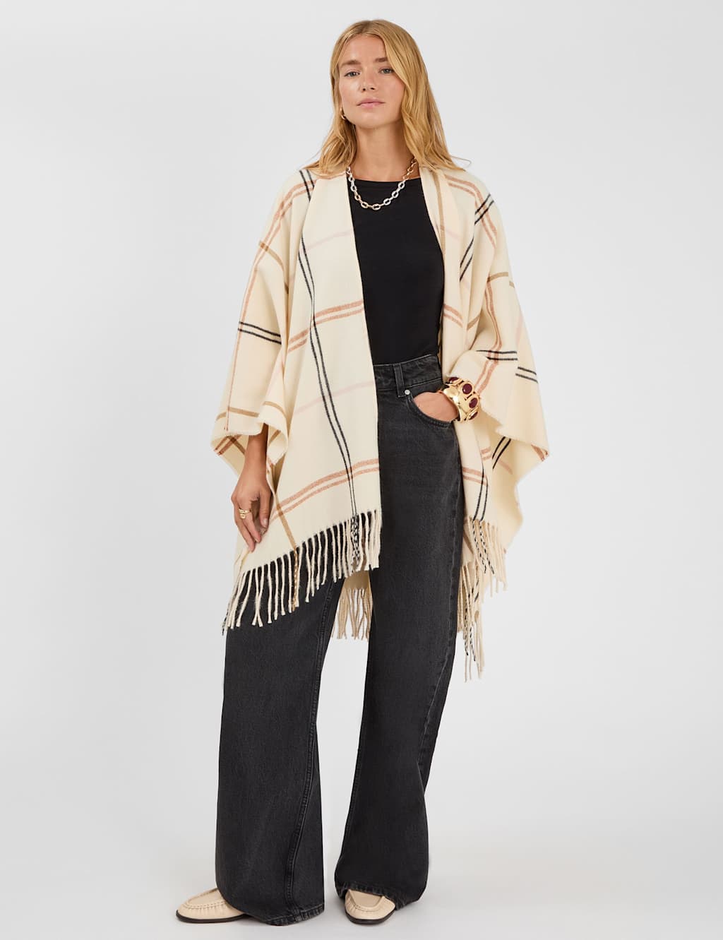 ACCESSORIZE Checked Poncho Natural