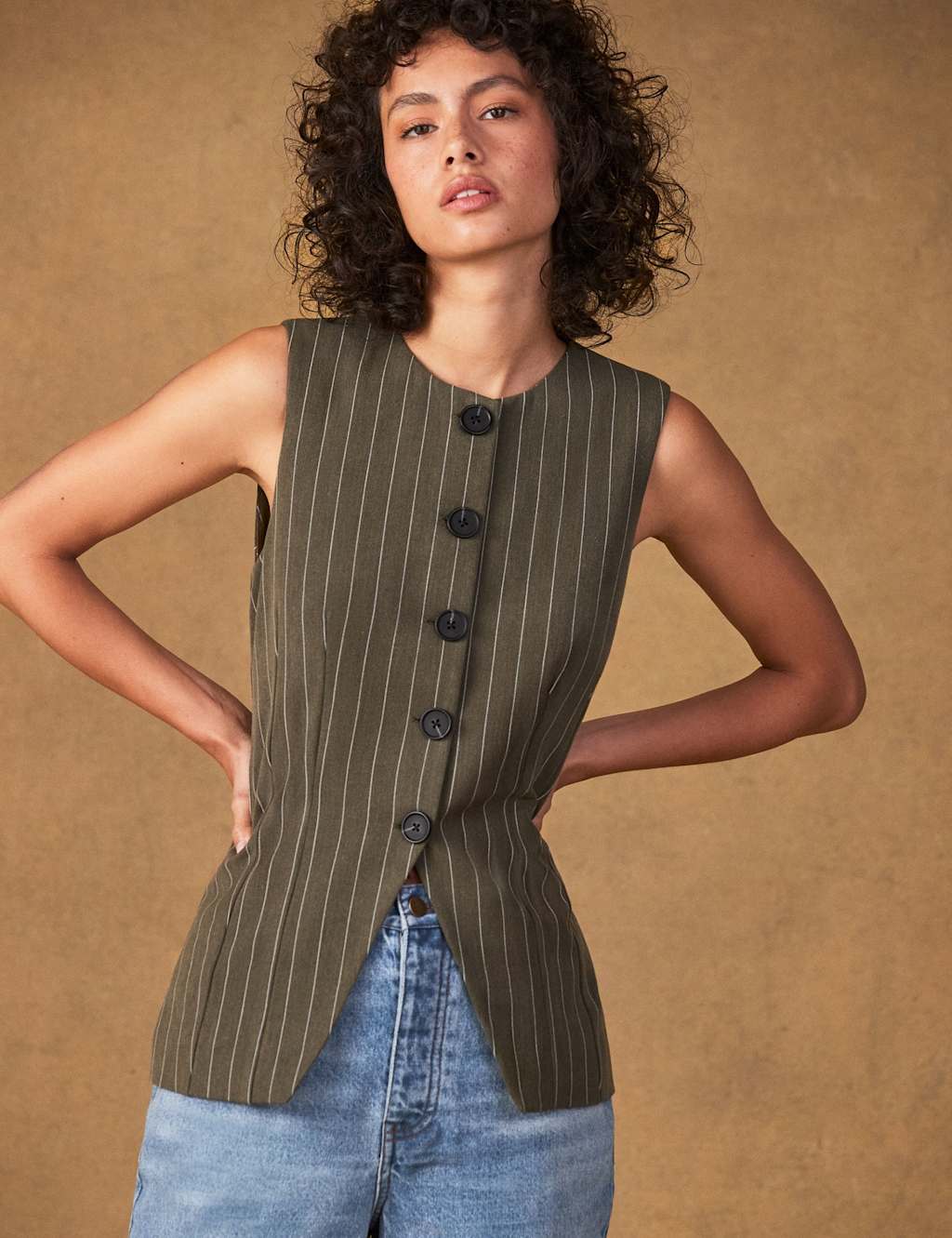 Ro&Zo Women's Pinstripe Collarless Waistcoat - 16 - Green Mix - Available at M&S