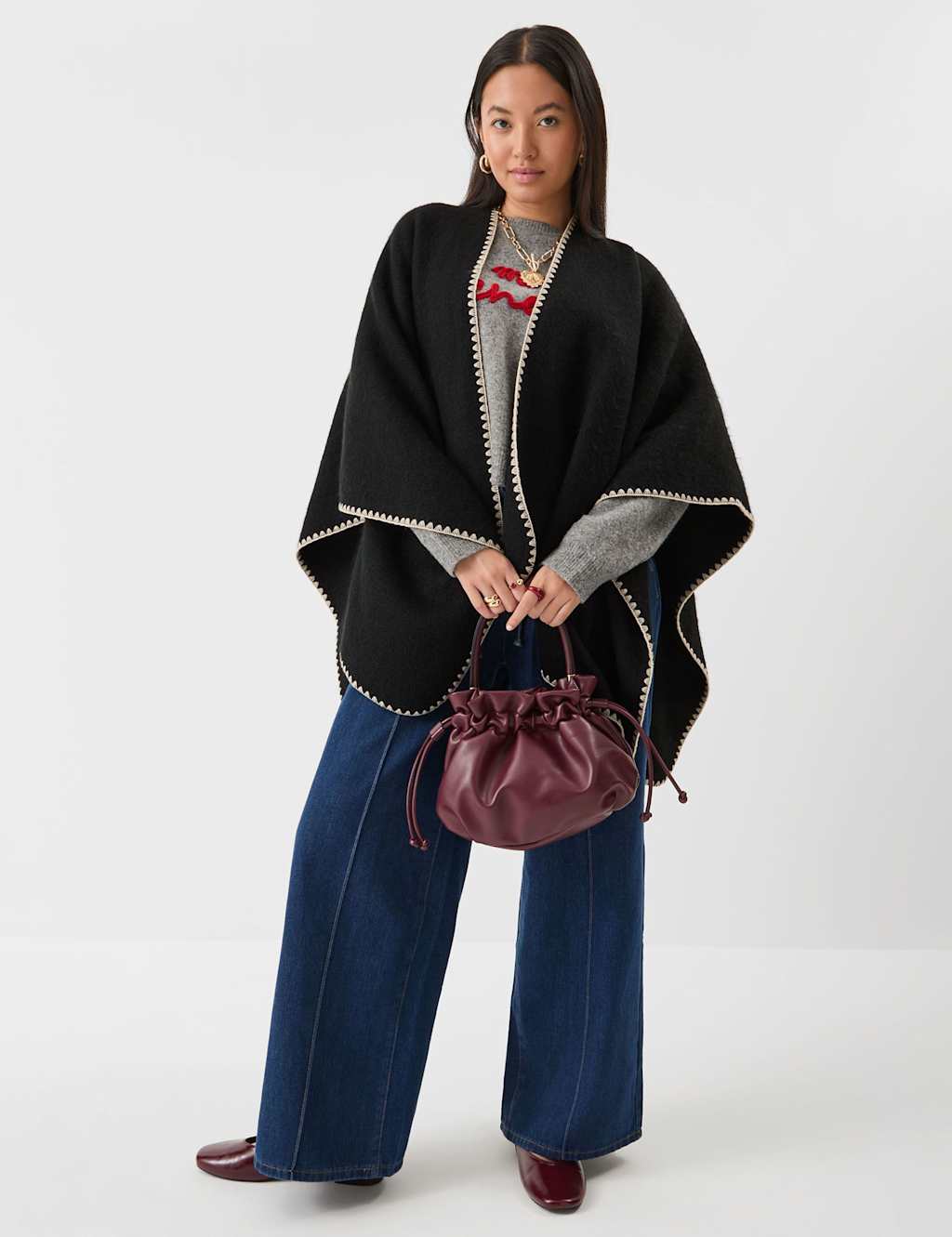 ACCESSORIZE Knitted Contrast Poncho Black
