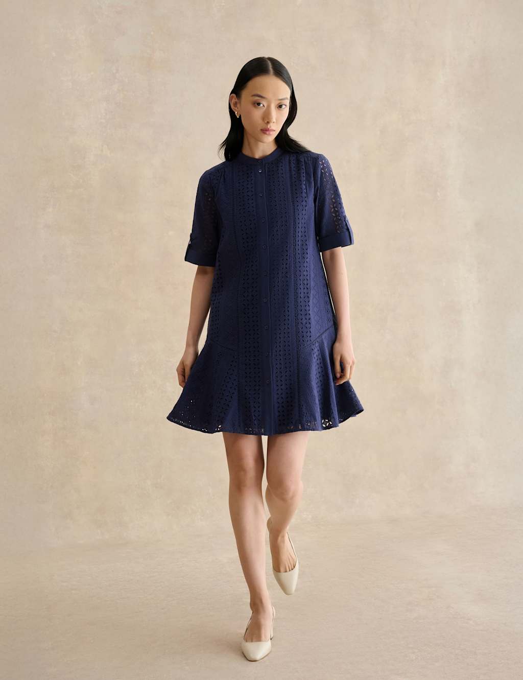 Hobbs Women's Pure Cotton Broderie Mini Shift Dress - 12 - Blue - Available at M&S