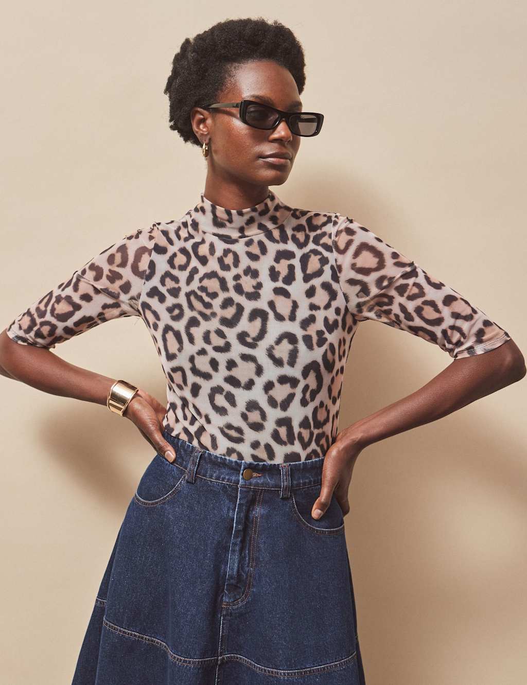 RO&ZO Mesh Leopard Print High Neck Top Brown Mix