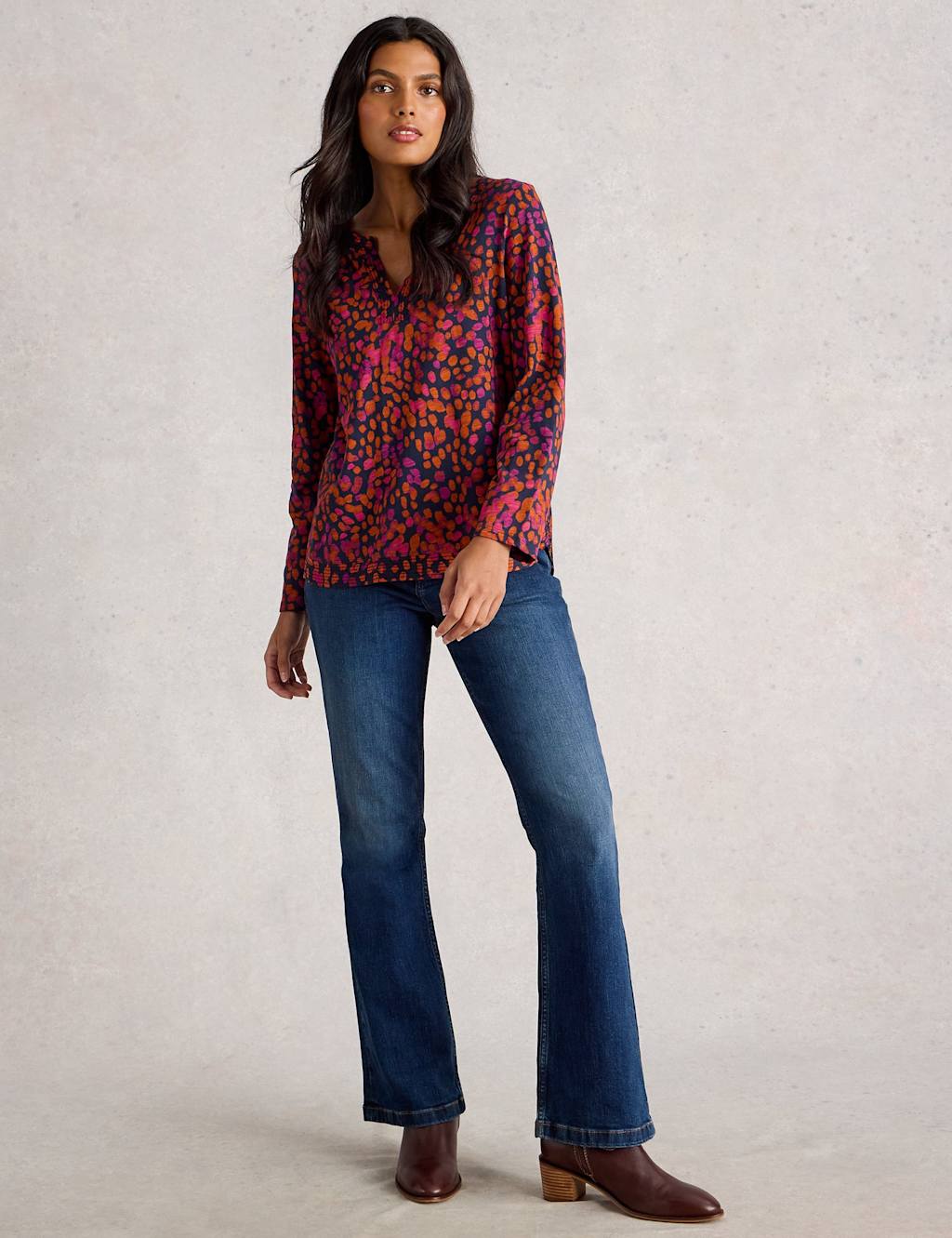 White Stuff Pure Cotton Notch Neck Top Navy Mix