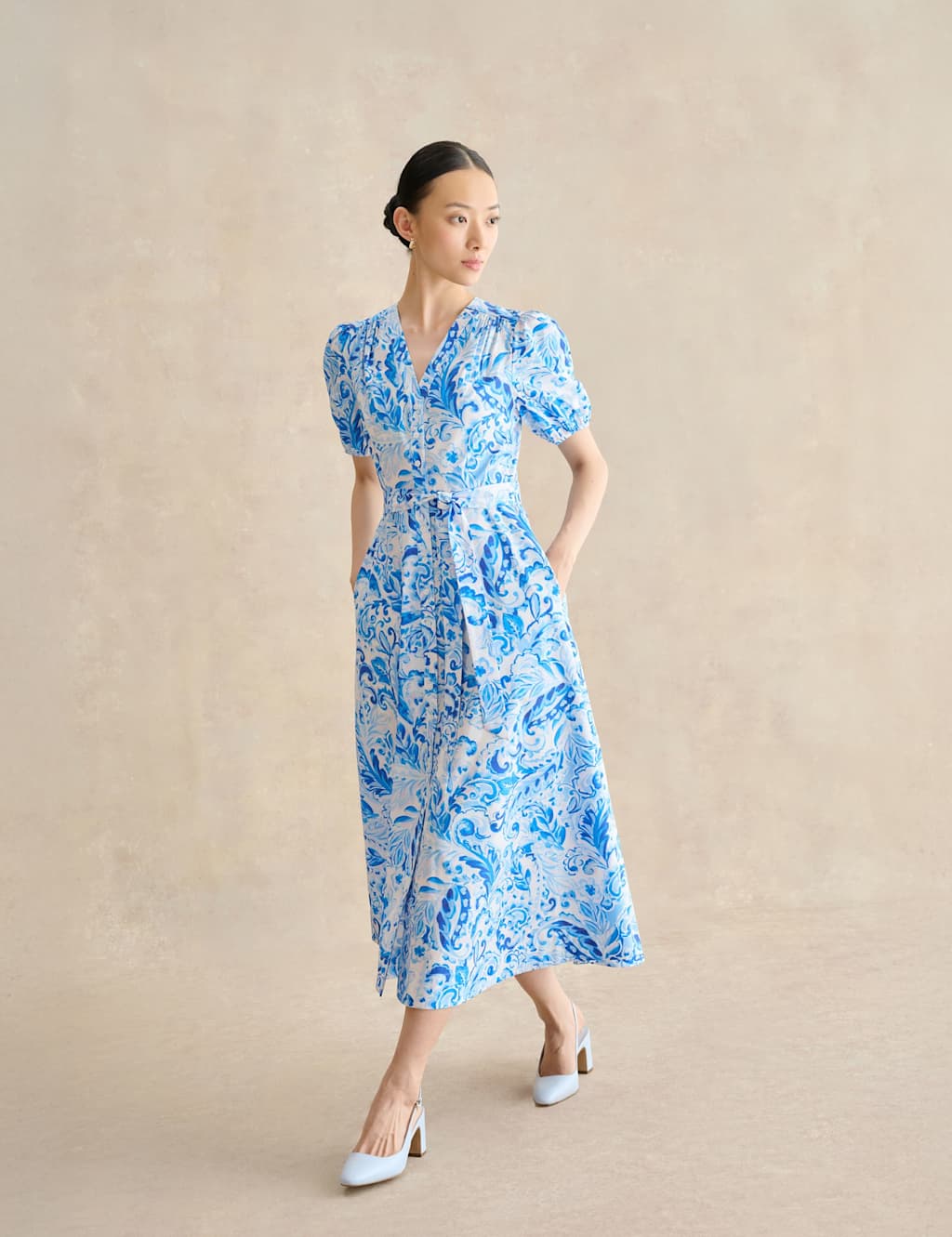 Hobbs Women's Pure Cotton Paisley V-Neck Midi Dress - 10 - Blue Mix - Available at M&S