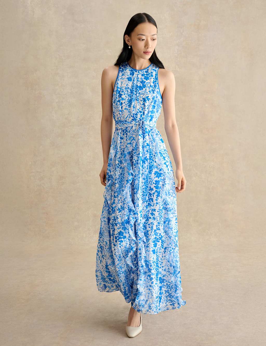 Hobbs Women's Floral Belted Ruffle Maxi Waisted Dress - 8 - Blue Mix - Available at M&S