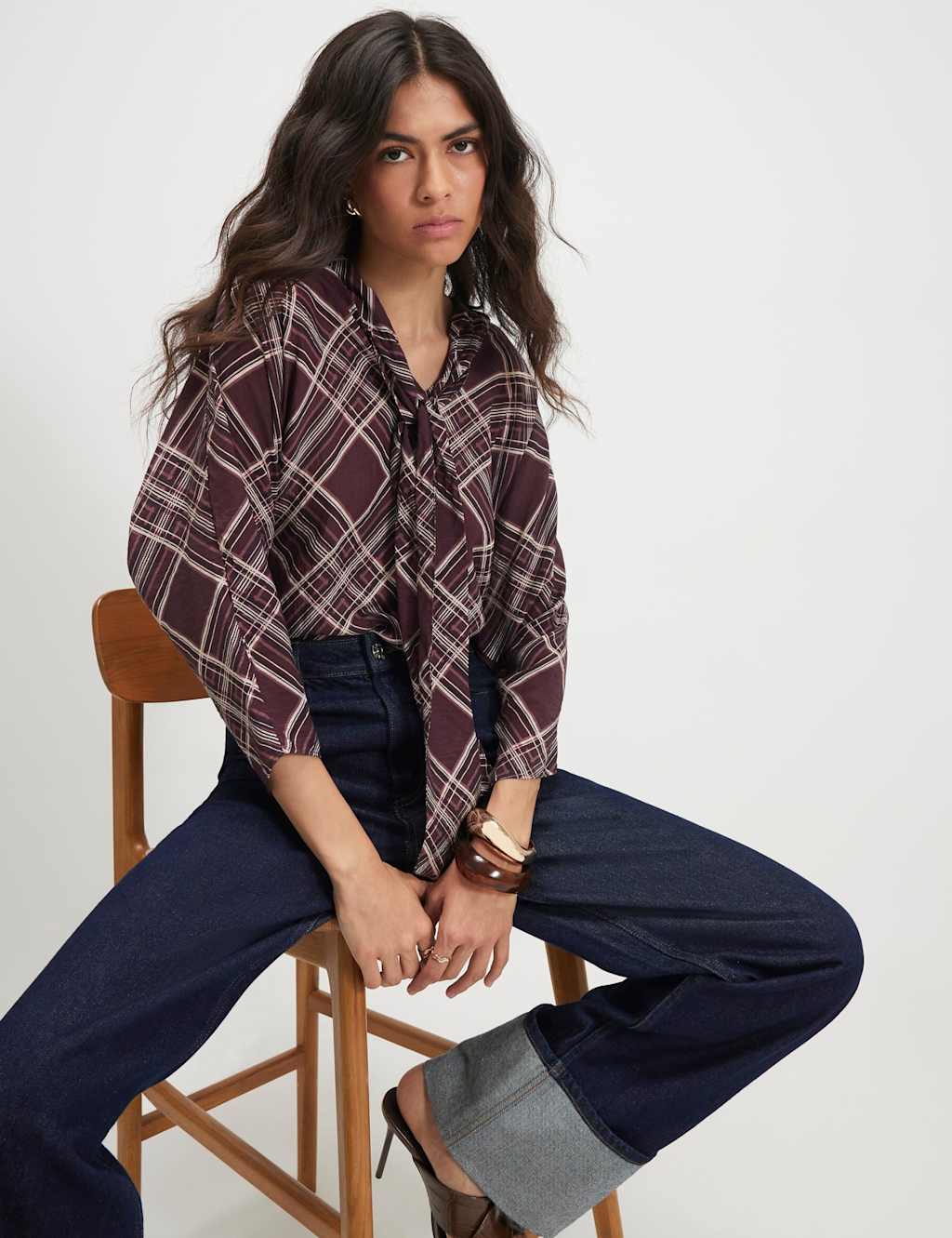 River Island Women's Pure Cotton Checked High Neck Relaxed Blouse - 6 - Burgundy Mix - Available at M&S