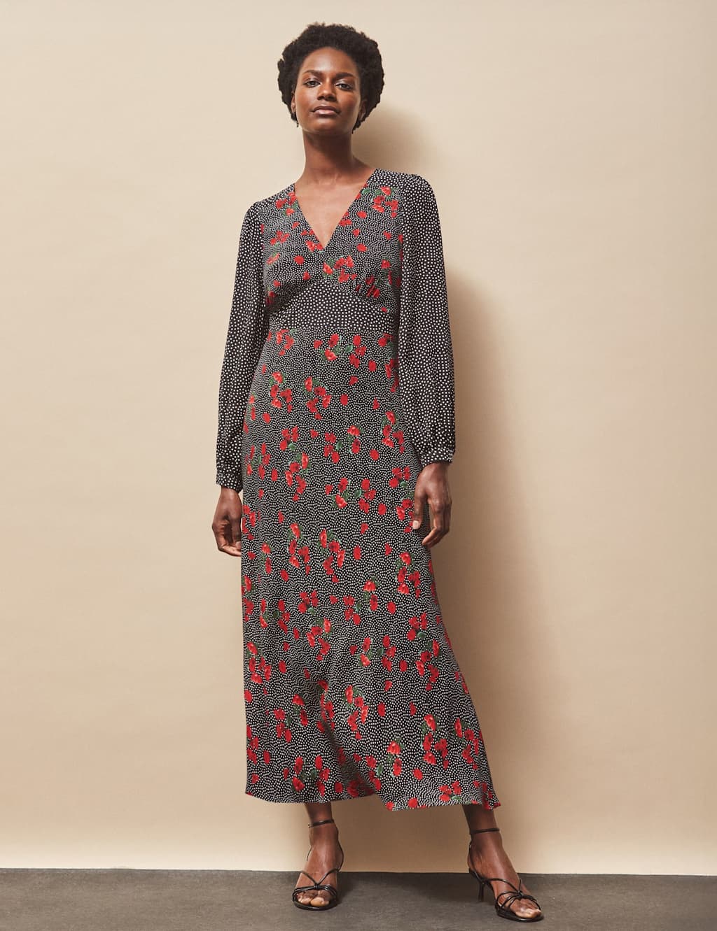 Ro&Zo Women's Floral Polka Dot Blouson Sleeve Midi Dress - 14REG - Red Mix, Red Mix