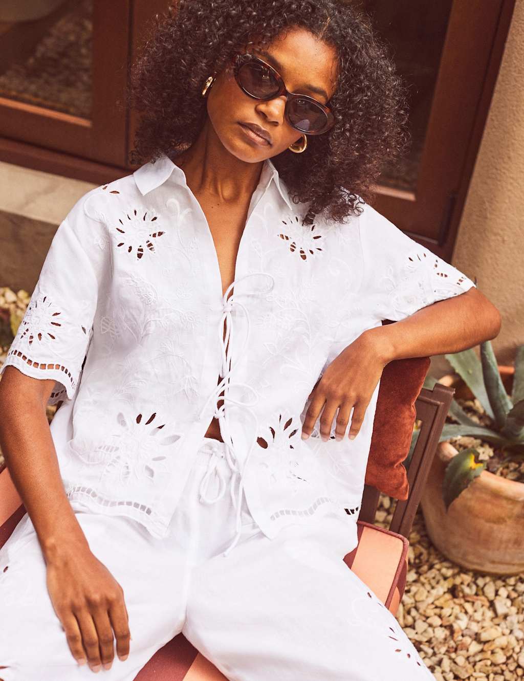 Ro&Zo Women's Pure Cotton Broderie Tie Front T-Shirt - 16 - White Mix - Available at M&S