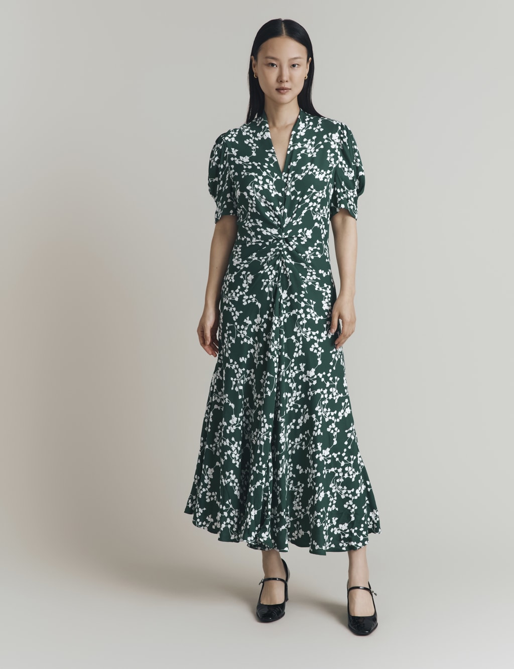 Crepe Floral V-Neck Midi Tea Dress